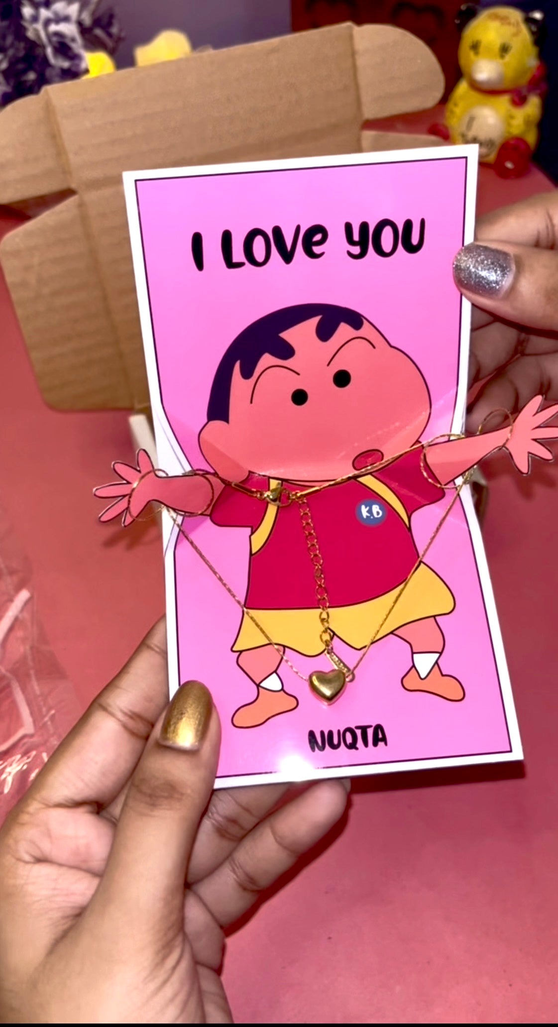 Shinchan Hug Card with Heart Necklace | Greeting Card Gift