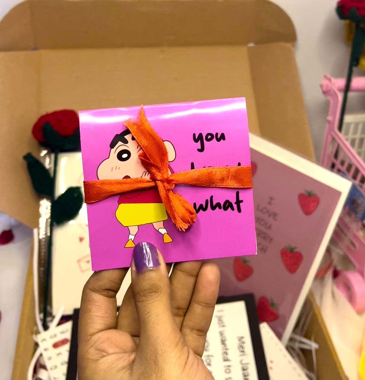 Shinchan Hug Card with Heart Necklace | Greeting Card Gift